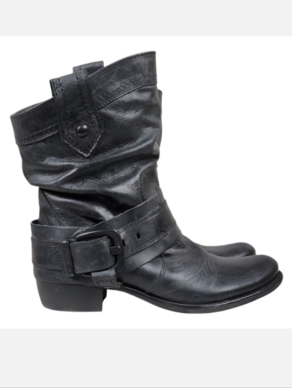 Spiral Leather Slouchy Biker Cowboy Boot Adjustable Harness Black Size 39